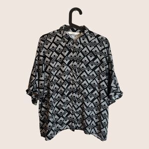 🖤 NUMPH BUTTON UP BLOUSE GEOMETRIC BLACK WHITE DESIGN SIZE EU 38 LARGE